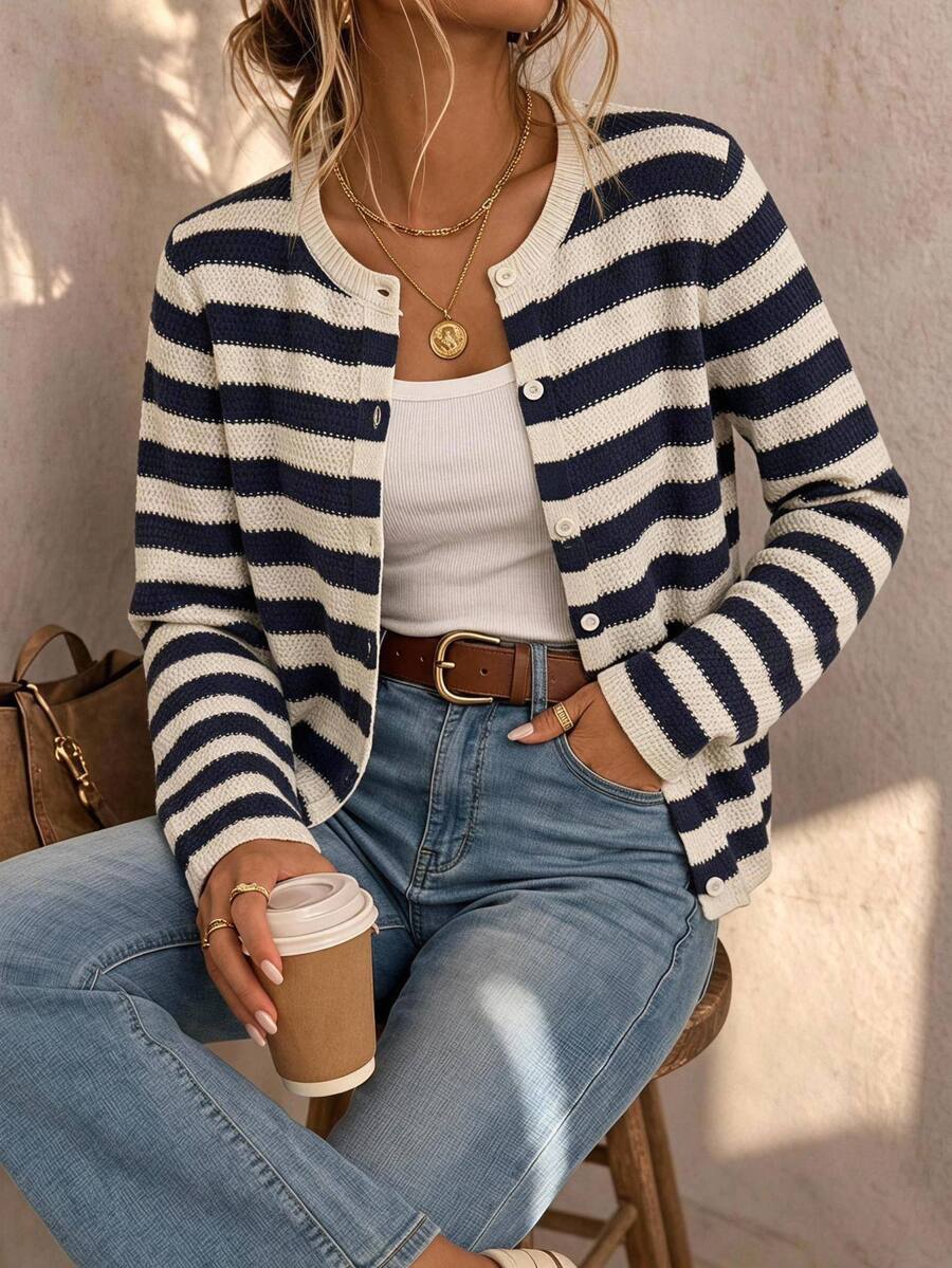 SHEIN LUNE Casual French Women's Fall/ Navy And White Cardigan Sweater Brunch Winter Clothes Autumn Clothes Women Fall Winter Sweater - Multicolor - View 1