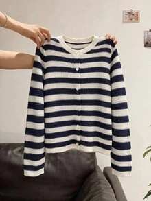 SHEIN LUNE Casual French Women's Fall/ Navy And White Cardigan Sweater Brunch Winter Clothes Autumn Clothes Women Fall Winter Sweater - Multicolor - View 4