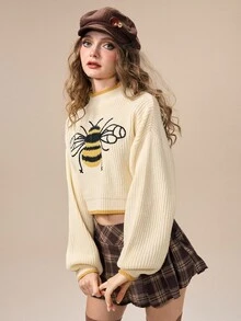 ROMWE Fairycore Women's Bee Pattern Casual Daily Long Sleeve Sweater - Apricot - View 7