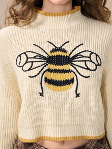 ROMWE Fairycore Women's Bee Pattern Casual Daily Long Sleeve Sweater - Apricot - View 2