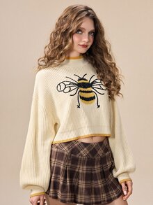 ROMWE Fairycore Women's Bee Pattern Casual Daily Long Sleeve Sweater - Apricot - View 6