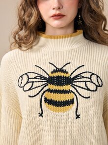 ROMWE Fairycore Women's Bee Pattern Casual Daily Long Sleeve Sweater - Apricot - View 4