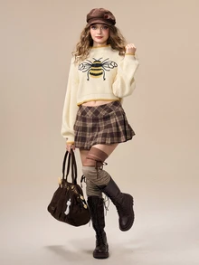 ROMWE Fairycore Women's Bee Pattern Casual Daily Long Sleeve Sweater - Apricot - View 1