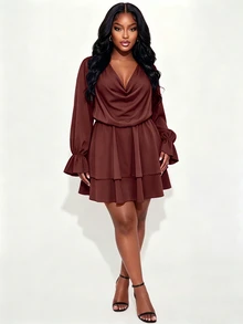 Poshavie Poshavie Women's Plus-Size Long-Sleeve Cowl-Neck Dress With Double-Layered Hem-Suitable For Daily Wear - Brown - View 5