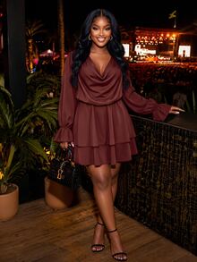 Poshavie Poshavie Women's Plus-Size Long-Sleeve Cowl-Neck Dress With Double-Layered Hem-Suitable For Daily Wear - Brown - View 1