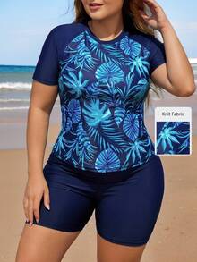 Swim Lushoire Plus Size Women Summer Beach Contrast Tropical Print Rashguard Set For Beach Vacation - Navy Blue - View 6