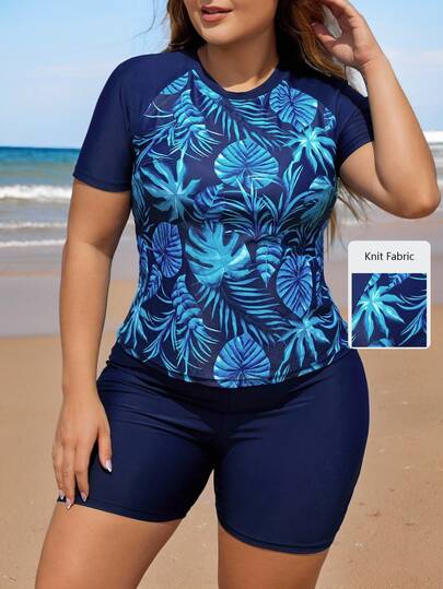Swim Lushoire Conjunto de rashguard con estampado tropical y contrastes para mujeres de talla grande para vacaciones en la playa