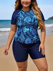 Swim Lushoire Plus Size Women Summer Beach Contrast Tropical Print Rashguard Set For Beach Vacation - Navy Blue - View 5