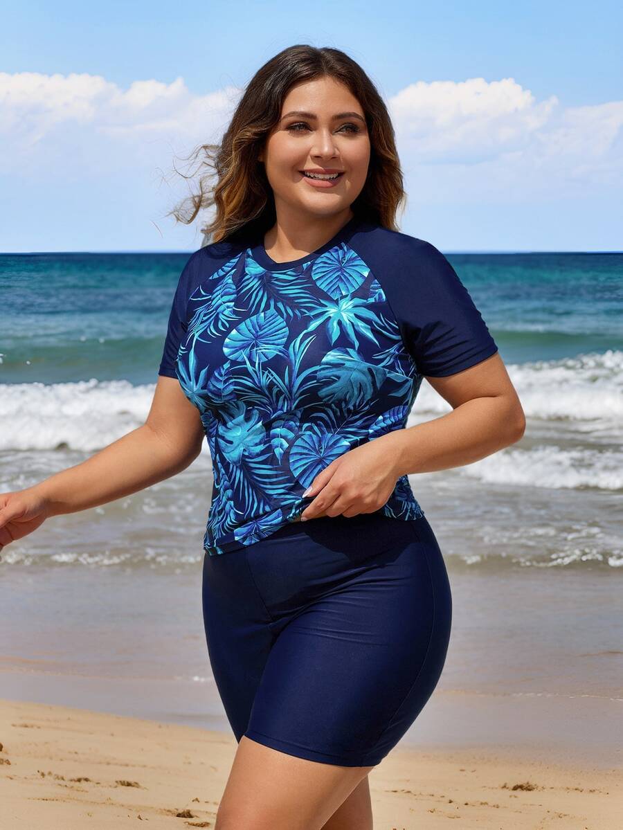 Swim Lushoire Plus Size Women Summer Beach Contrast Tropical Print Rashguard Set For Beach Vacation - Navy Blue - View 1