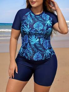 Swim Lushoire Plus Size Women Summer Beach Contrast Tropical Print Rashguard Set For Beach Vacation - Navy Blue - View 3