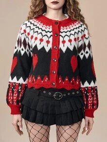 ROMWE Autumn/Winter Dark Gothic Halloween Christmas Fair Isle Pattern Contrast Color Short Cardigan - Multicolor - View 2