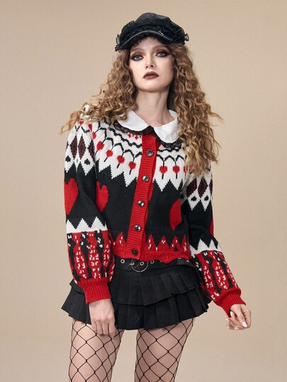 Autumn/Winter Dark Gothic Halloween Christmas Fair Isle Pattern Contrast Color Short Cardigan