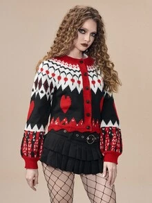 ROMWE Autumn/Winter Dark Gothic Halloween Christmas Fair Isle Pattern Contrast Color Short Cardigan - Multicolor - View 5