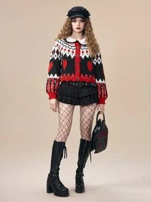 ROMWE Autumn/Winter Dark Gothic Halloween Christmas Fair Isle Pattern Contrast Color Short Cardigan - Multicolor - View 6