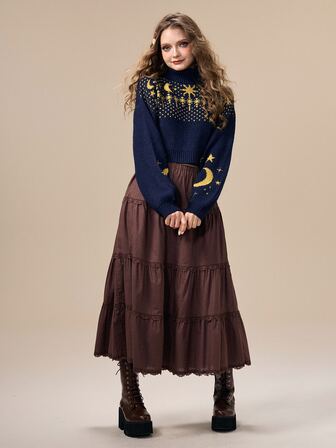 Pull femme automne/hiver style bohème sorcière hippie à motif étoiles & lune