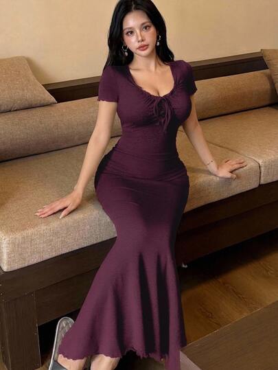 DAZY Rüschenkragen Bindeband Bodycon Lässig Kleid für Damen Pyjama