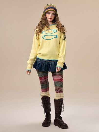 ROMWE Avant Suéter de mujer amarillo con contraste de color y bordado divertido de peces, versátil para otoño/invierno
