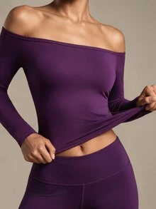 Costa Lumi Women's Solid Color Off-Shoulder Long Sleeve T-Shirt For Outdoor - Purple - View 6