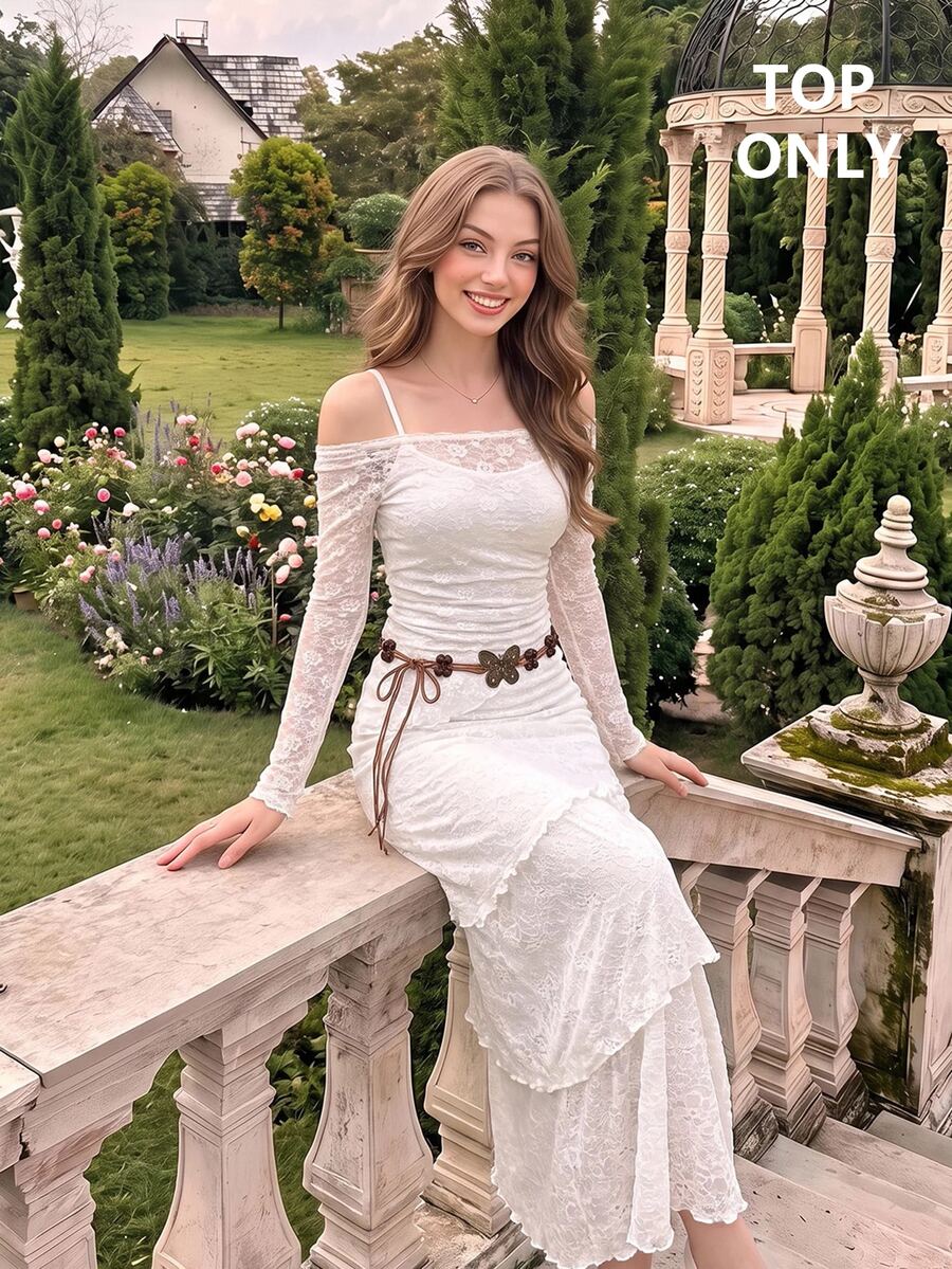 SHEIN MOD 2pcs White Lace Sheer Off-Shoulder Long Sleeve Top And Camisole Set Everyday Date Autumn Fairy - White - View 1