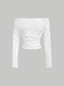 SHEIN MOD 2pcs White Lace Sheer Off-Shoulder Long Sleeve Top And Camisole Set Everyday Date Autumn Fairy - White - View 5