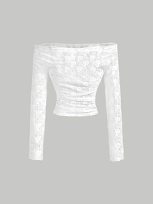 SHEIN MOD 2pcs White Lace Sheer Off-Shoulder Long Sleeve Top And Camisole Set Everyday Date Autumn Fairy - White - View 6