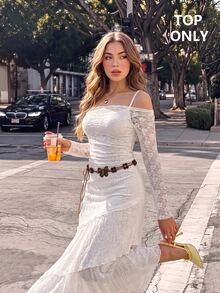 SHEIN MOD 2pcs White Lace Sheer Off-Shoulder Long Sleeve Top And Camisole Set Everyday Date Autumn Fairy - White - View 2