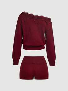 SHEIN MOD Elegant Burgundy Knit Two Pieces Set With Off Shoulder Lace Detail Long Sleeve Sweater,Knitted Two Pieces Outfit,Lace Patchwork Suit, V-Neck Suit - Red - View 4