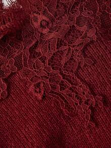 SHEIN MOD Elegant Burgundy Knit Two Pieces Set With Off Shoulder Lace Detail Long Sleeve Sweater,Knitted Two Pieces Outfit,Lace Patchwork Suit, V-Neck Suit - Red - View 5