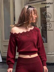SHEIN MOD Elegant Burgundy Knit Two Pieces Set With Off Shoulder Lace Detail Long Sleeve Sweater,Knitted Two Pieces Outfit,Lace Patchwork Suit, V-Neck Suit - Red - View 1