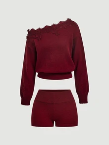 SHEIN MOD Elegant Burgundy Knit Two Pieces Set With Off Shoulder Lace Detail Long Sleeve Sweater,Knitted Two Pieces Outfit,Lace Patchwork Suit, V-Neck Suit - Red - View 3