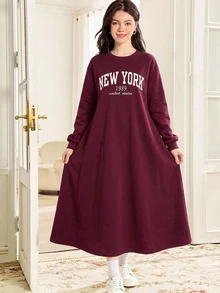 SHEIN 青少年女孩灰色休閒寬鬆圓領落肩保暖內裡加厚抓皺層次下擺洋裝，返校季、聖誕新年秋冬款 - 酒紅色 - 查看 4