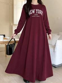 SHEIN 青少年女孩灰色休閒寬鬆圓領落肩保暖內裡加厚抓皺層次下擺洋裝，返校季、聖誕新年秋冬款 - 酒紅色 - 查看 3