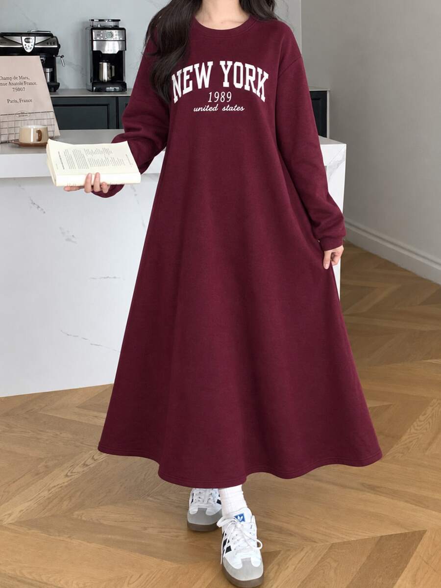 SHEIN 青少年女孩灰色休閒寬鬆圓領落肩保暖內裡加厚抓皺層次下擺洋裝，返校季、聖誕新年秋冬款 - 酒紅色 - 查看 1
