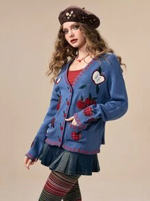 ROMWE Y2K Autumn/Winter Vintage Apple Plaid Applique Embroidery Cute Versatile Casual Women's Cardigan - Navy Blue - View 10
