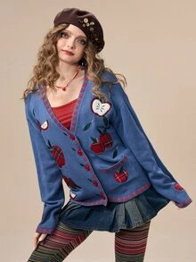 ROMWE Y2K Autumn/Winter Vintage Apple Plaid Applique Embroidery Cute Versatile Casual Women's Cardigan - Navy Blue - View 9