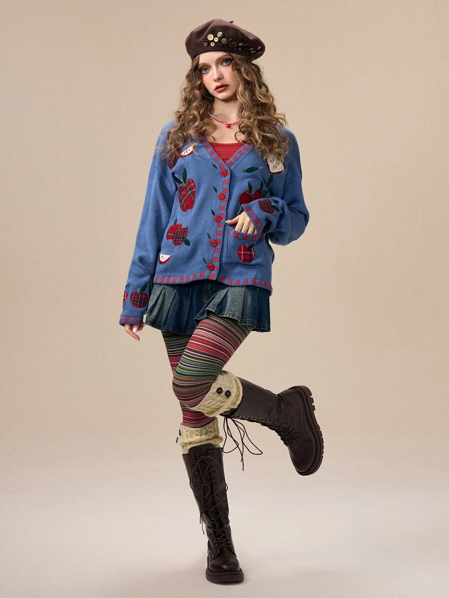 ROMWE Y2K Autumn/Winter Vintage Apple Plaid Applique Embroidery Cute Versatile Casual Women's Cardigan - Navy Blue - View 1