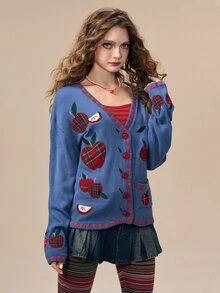 ROMWE Y2K Autumn/Winter Vintage Apple Plaid Applique Embroidery Cute Versatile Casual Women's Cardigan - Navy Blue - View 6