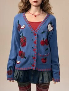 ROMWE Y2K Autumn/Winter Vintage Apple Plaid Applique Embroidery Cute Versatile Casual Women's Cardigan - Navy Blue - View 2