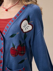 ROMWE Y2K Autumn/Winter Vintage Apple Plaid Applique Embroidery Cute Versatile Casual Women's Cardigan - Navy Blue - View 4