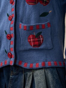 ROMWE Y2K Autumn/Winter Vintage Apple Plaid Applique Embroidery Cute Versatile Casual Women's Cardigan - Navy Blue - View 5