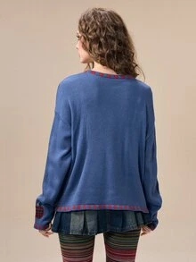 ROMWE Y2K Autumn/Winter Vintage Apple Plaid Applique Embroidery Cute Versatile Casual Women's Cardigan - Navy Blue - View 3