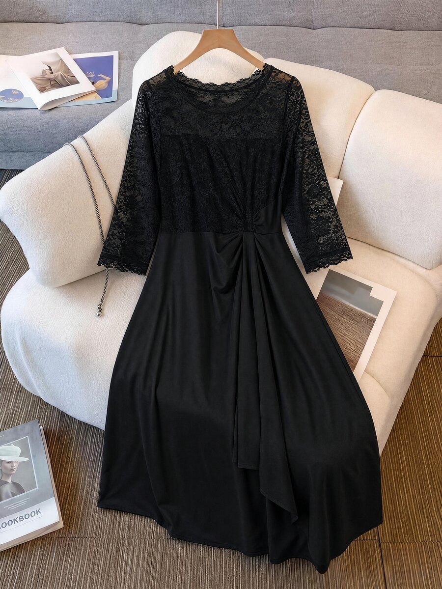 Rusticease Celestial Granny Elegant Sexy Lace Pleated Dress Middle-Aged Elderly Women New Year Party Senior Night Cocktail Black Fall - Black - View 1