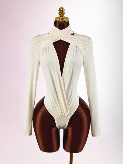 Amplova Sexy Damen-Bodysuit mit gekreuztem Ausschnitt, tiefem Ausschnitt und langen Ärmeln