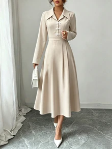Modelyn Women's Elegant Day Party Khaki Lapel Front Placket New Chinese Style White Frog Button Design Long Sleeve Pleated A-Line Mid-Length Dress Fall - Khaki - View 6