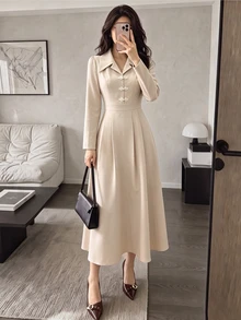 Modelyn Women's Elegant Day Party Khaki Lapel Front Placket New Chinese Style White Frog Button Design Long Sleeve Pleated A-Line Mid-Length Dress Fall - Khaki - View 7