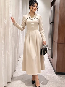 Modelyn Women's Elegant Day Party Khaki Lapel Front Placket New Chinese Style White Frog Button Design Long Sleeve Pleated A-Line Mid-Length Dress Fall - Khaki - View 8