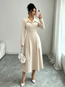 Modelyn Women's Elegant Day Party Khaki Lapel Front Placket New Chinese Style White Frog Button Design Long Sleeve Pleated A-Line Mid-Length Dress Fall - Khaki - View 9