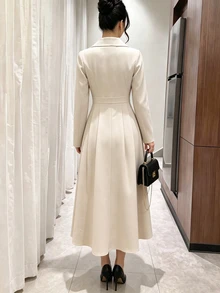 Modelyn Women's Elegant Day Party Khaki Lapel Front Placket New Chinese Style White Frog Button Design Long Sleeve Pleated A-Line Mid-Length Dress Fall - Khaki - View 3