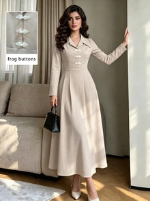 Modelyn Women's Elegant Day Party Khaki Lapel Front Placket New Chinese Style White Frog Button Design Long Sleeve Pleated A-Line Mid-Length Dress Fall - Khaki - View 4
