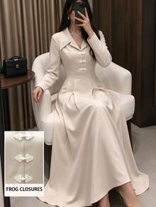 Modelyn Women's Elegant Day Party Khaki Lapel Front Placket New Chinese Style White Frog Button Design Long Sleeve Pleated A-Line Mid-Length Dress Fall - Khaki - View 2